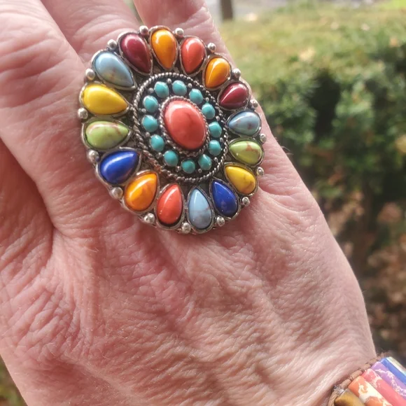 Rainbow Free Spirit Boho Hippie People Native Aztec insp beaded ring - Picture 5 of 8